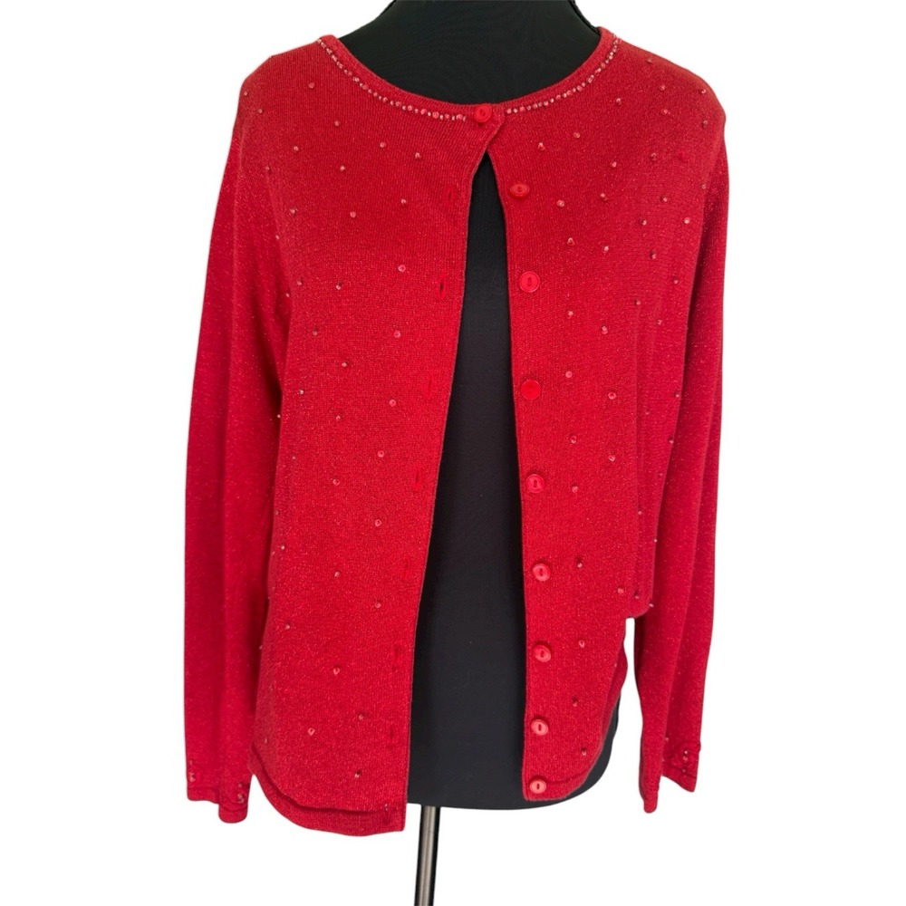 Y2K Red Sparkle Beaded Sequins Button Up Sweater Sz L Cardigan Silk Blend - Picture 2 of 10